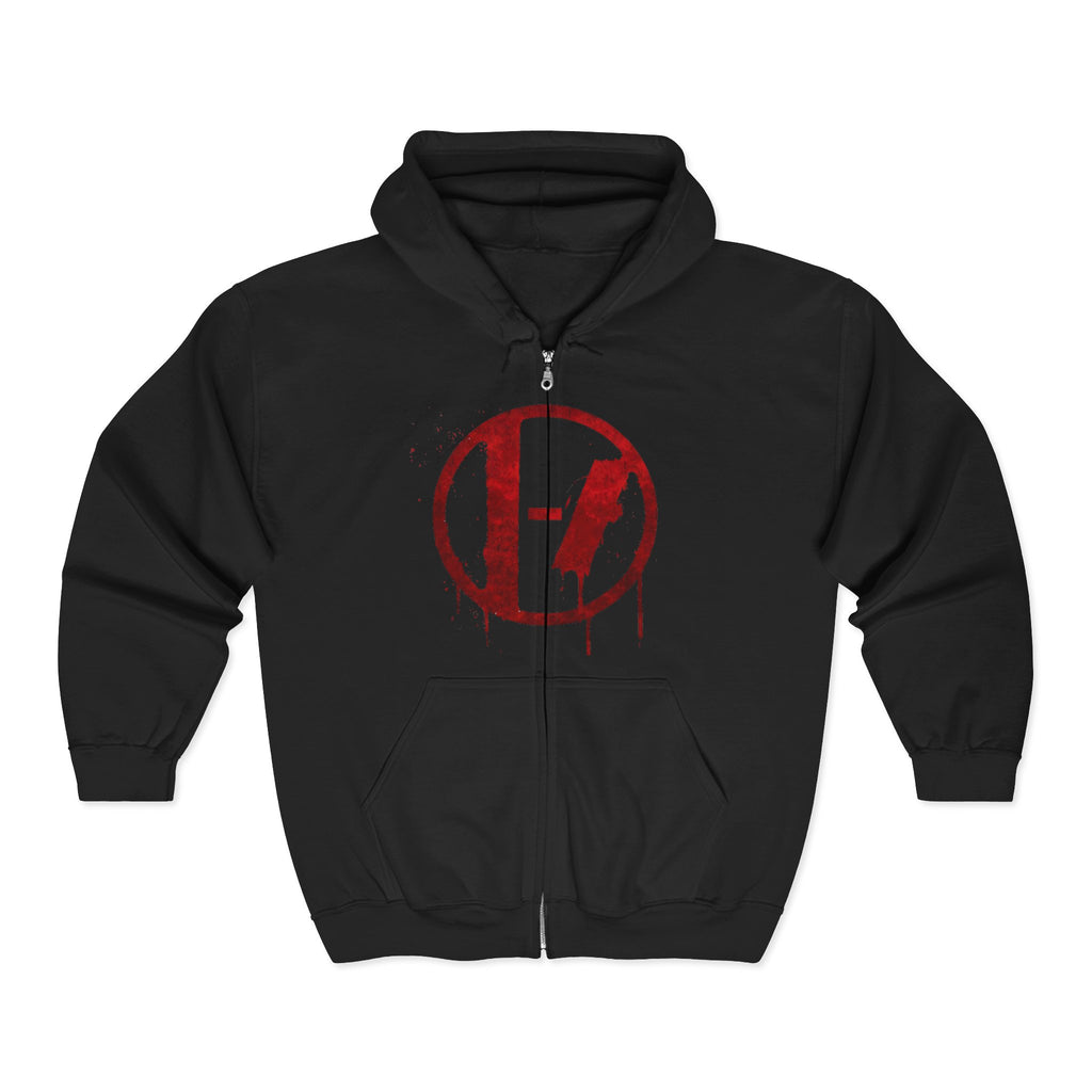 Red Drip Circle Logo Hoodie | Full Zip Hooded Sweatshirt