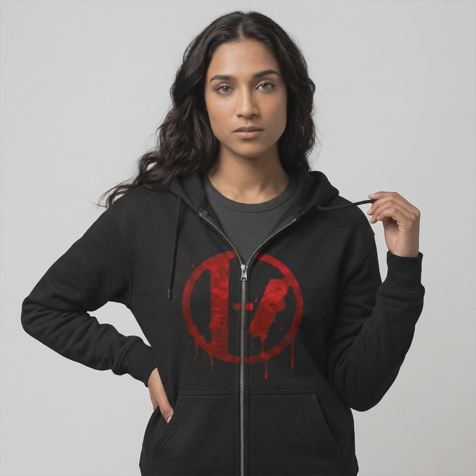 Red Drip Circle Logo Hoodie | Full Zip Hooded Sweatshirt
